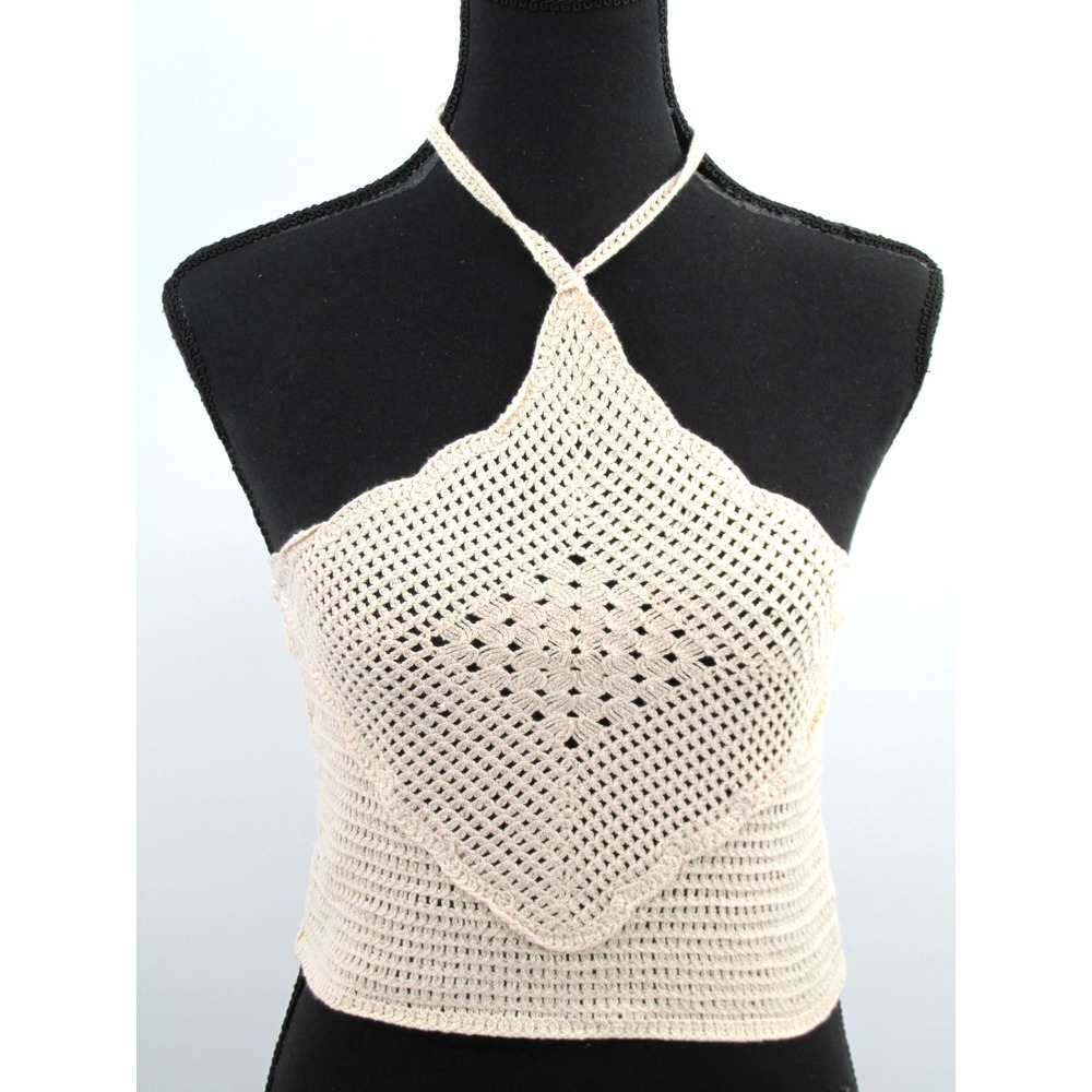 Love Tree Ivory Crochet Halter Top Summer Knit Boho Hippie Crop Blouse Small